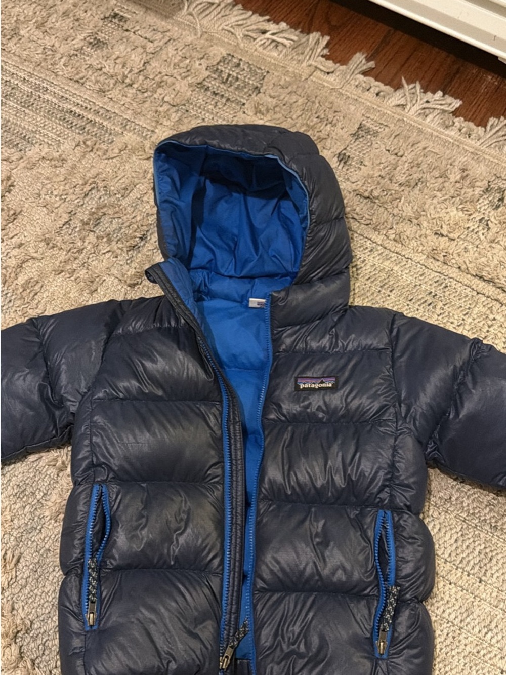 Patagonia Kids Navy and Bright Blue Puffer Jacket with Hood